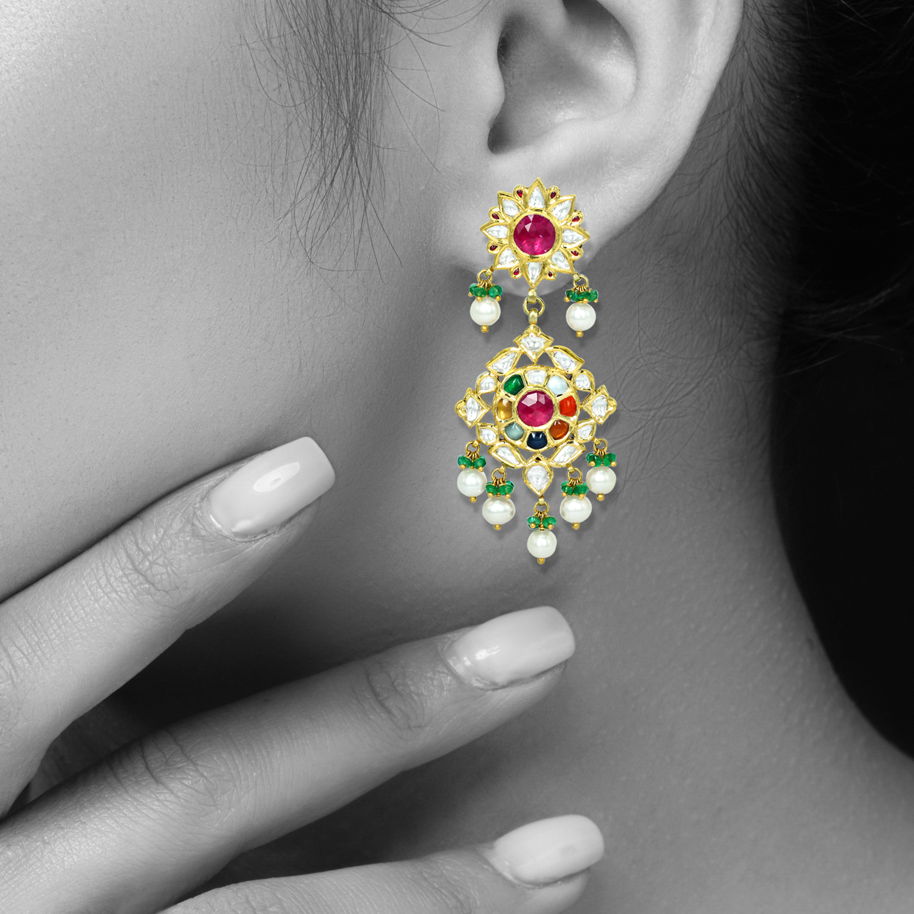 Navaratan Earrings with Polki Diamonds, Pearls, and Emerald Beads